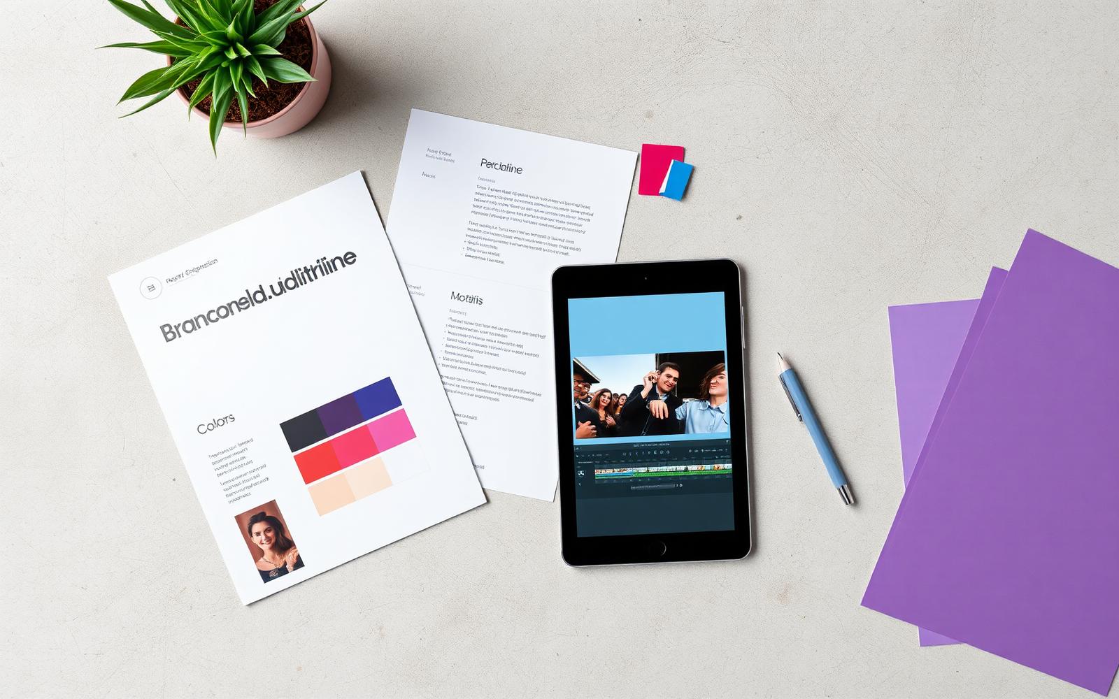Freelance design workspace with brand sheets, swatches and a video edit