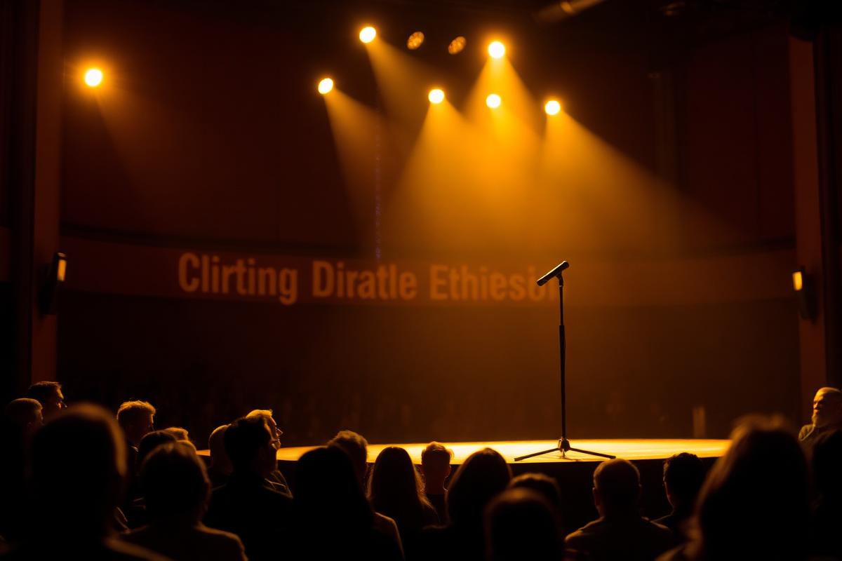 Warmly lit auditorium stage with a microphone and an attentive audience