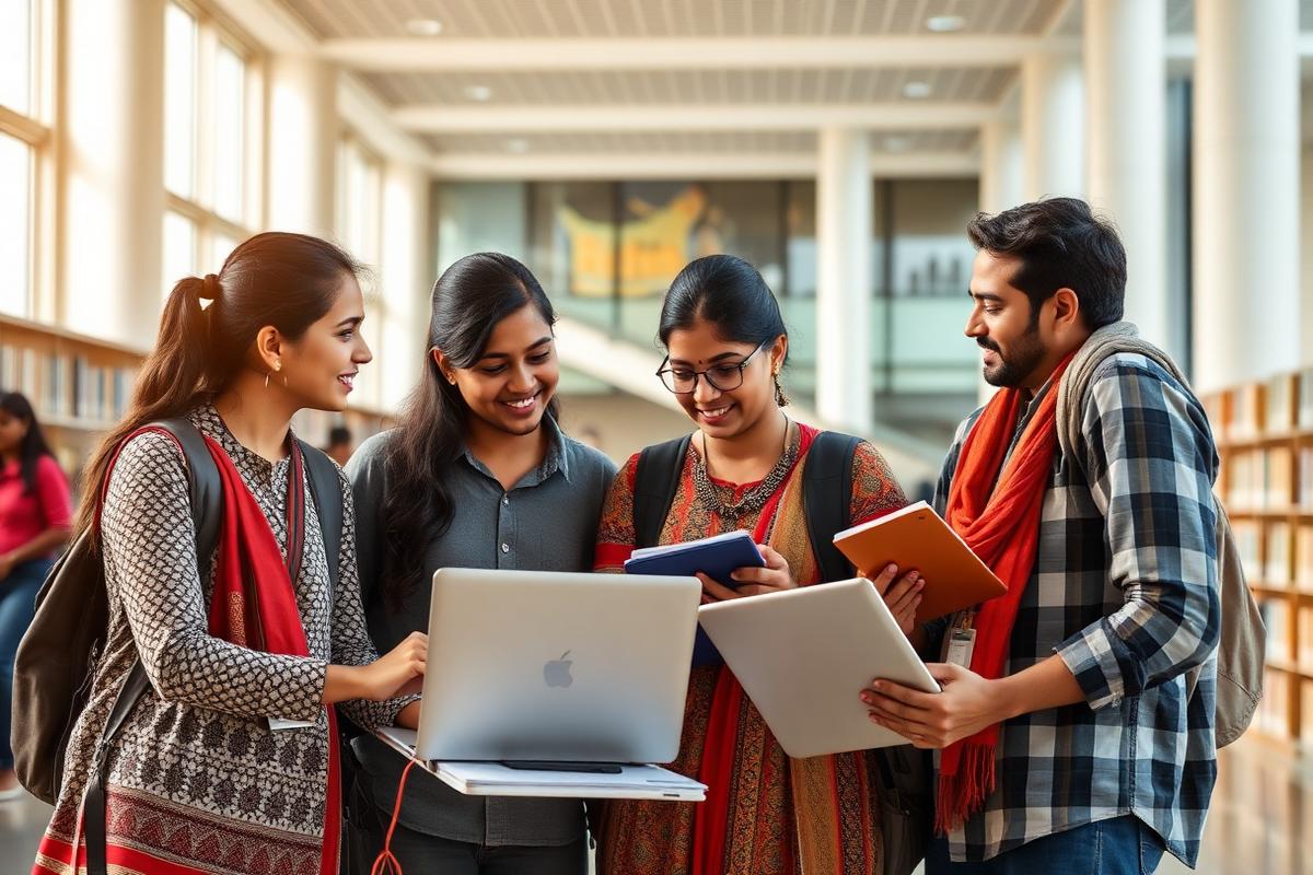 Students collaborating with laptops and books in a modern college library
