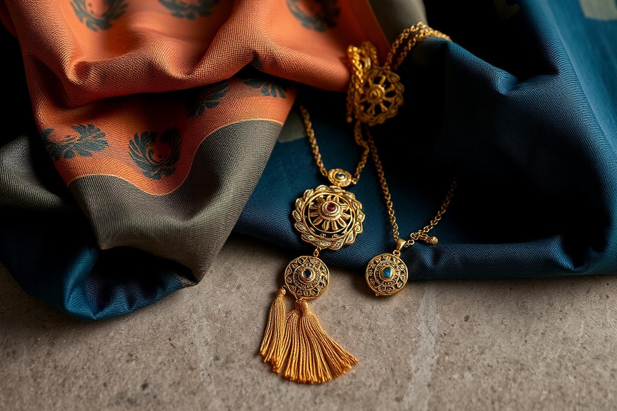 Fine gold jewellery styled on contemporary printed textiles