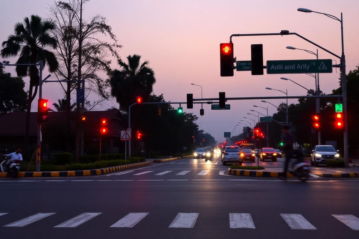 City road junction at dusk with signals, lane markings and a zebra crossing