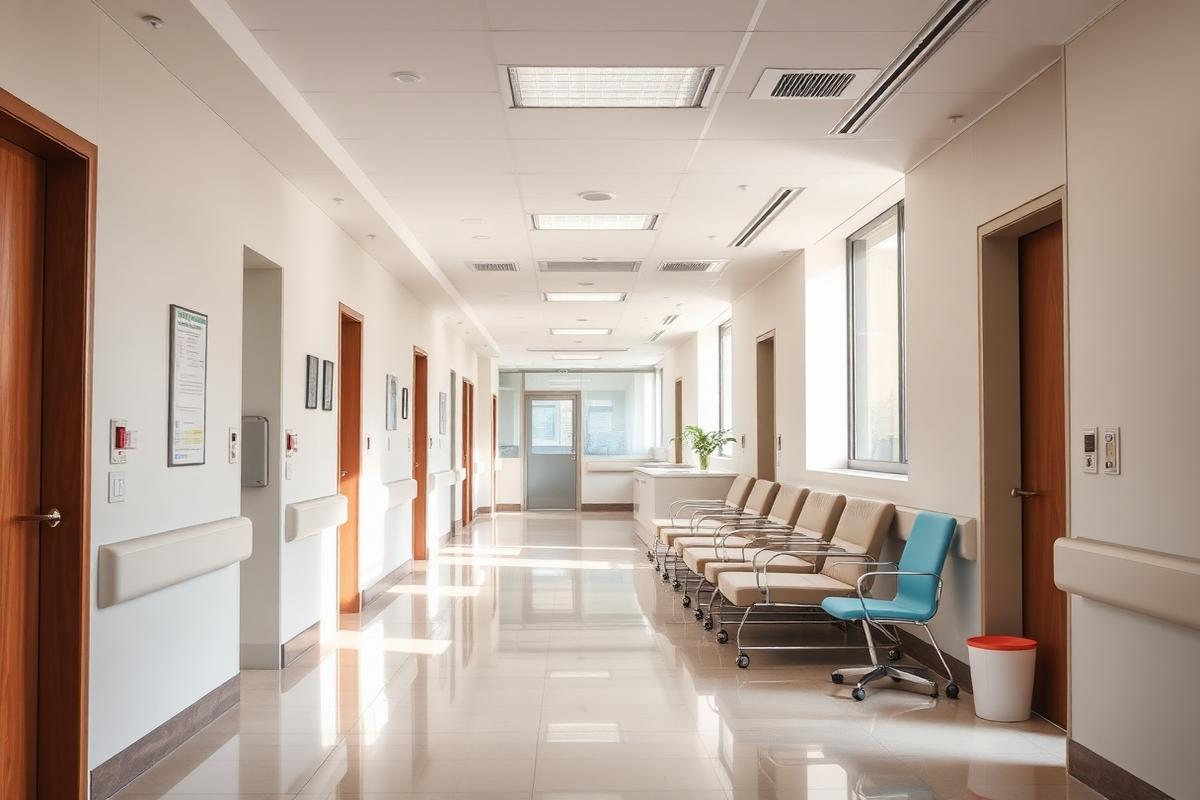Bright modern hospital corridor with a naturally lit waiting area
