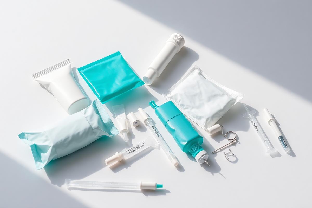 Sterile medical and surgical consumables arranged for catalogue photography