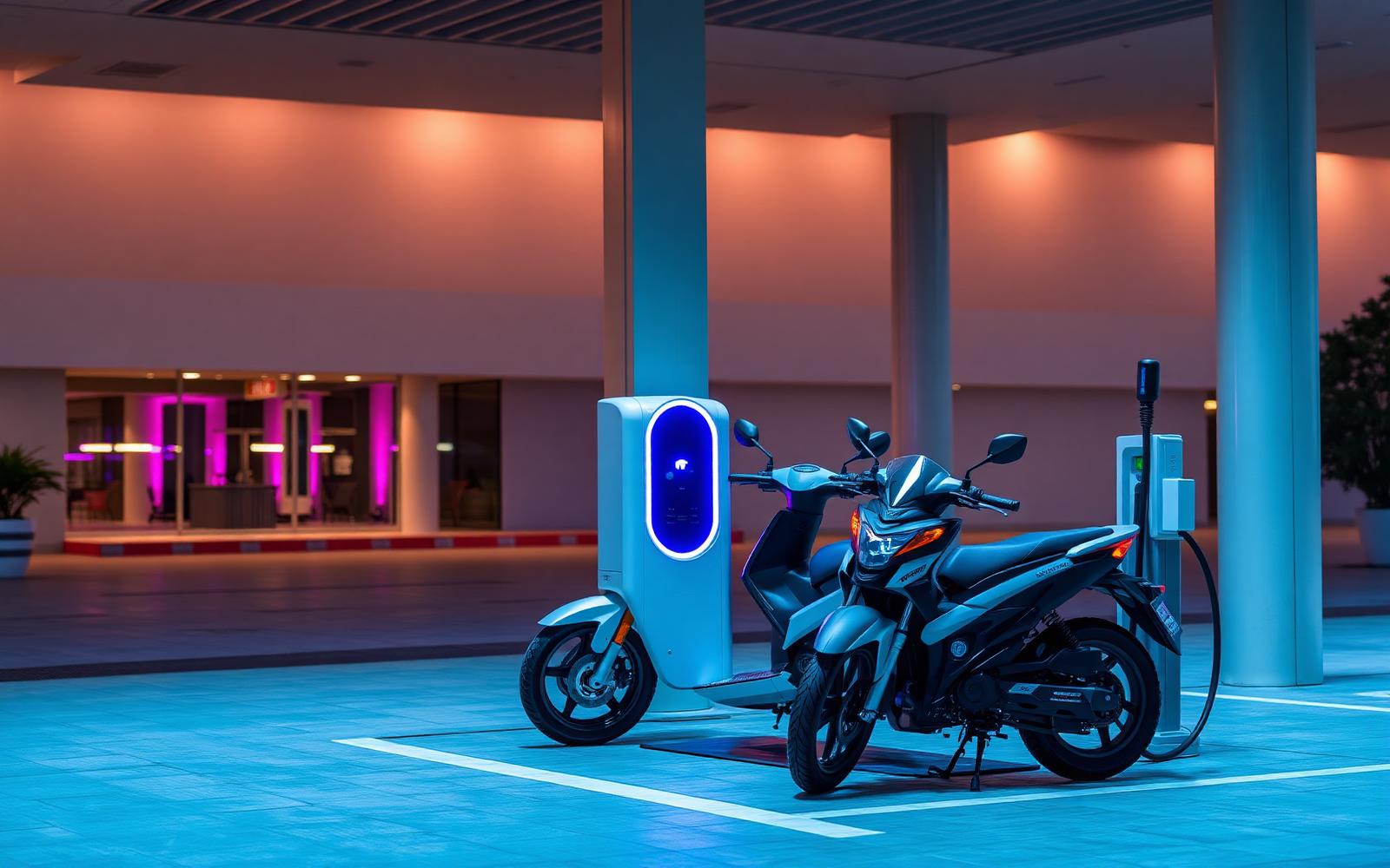Electric two-wheelers at a modern urban charging point at dusk