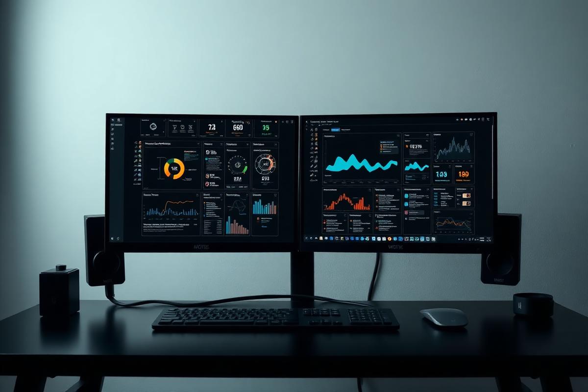 Minimal studio workstation showing dashboards and interface wireframes