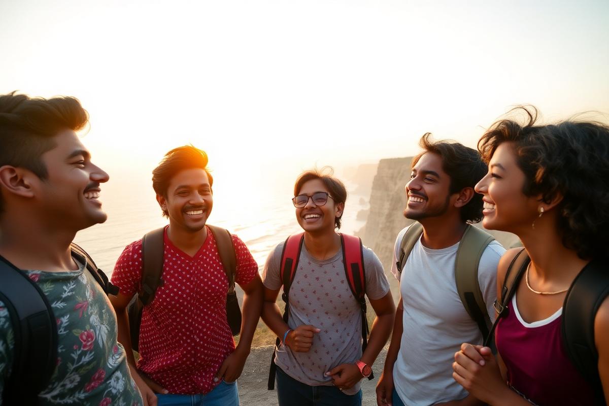 Group of friends laughing together at a coastal viewpoint during a road trip